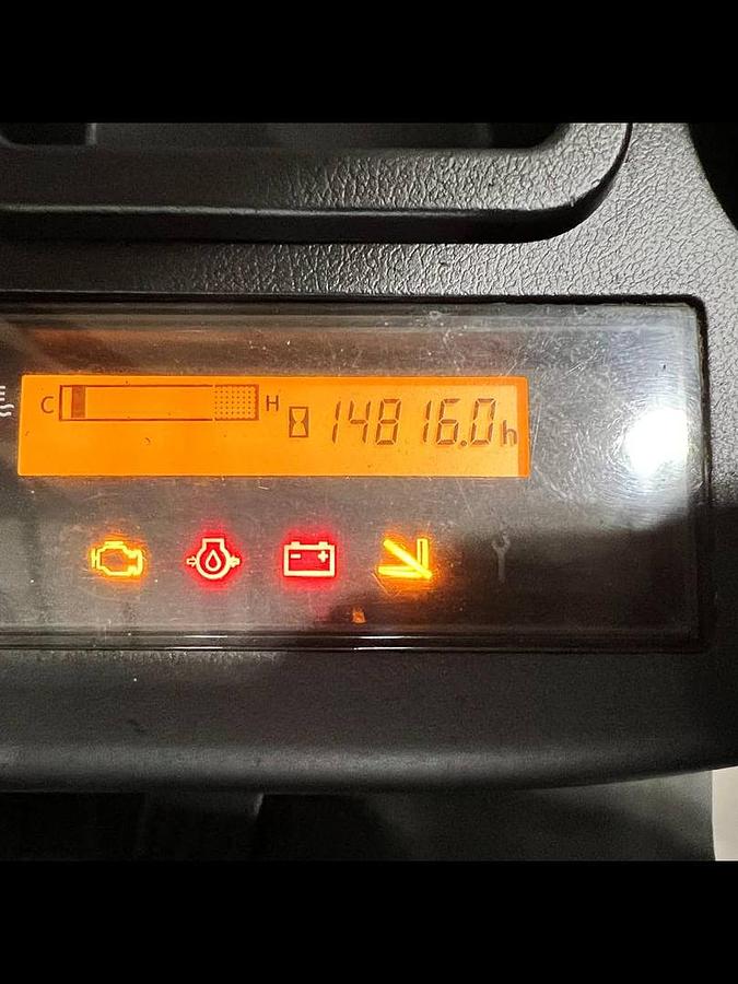 Close-up of hour meter on refurbished 2007 Toyota 8FGCU15 LP gas forklift showing 14,816 operating hours during Brampton deployment