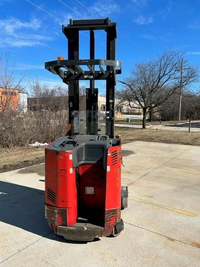 Rear view of refurbished 2014 Raymond EASI-R40TT electric reach truck showing counterweight, battery door, and rear chassis panel during Vaughan deployment
