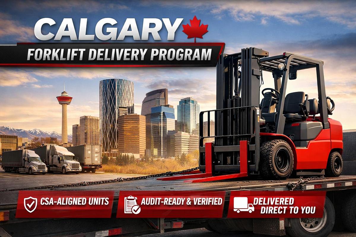 Hero Alt Tag: "Calgary Forklift Delivery Program — CSA‑aligned, audit‑ready electric forklift on flatbed transport with Calgary skyline and Rocky Mountains in background; Premier Lift Equipment Canada‑wide delivery."  Meta Tag (for page header): <meta name="description" content="Calgary Forklift Delivery Program — CSA‑aligned, audit‑ready electric forklifts delivered direct to Calgary, Airdrie, and surrounding logistics corridor. Premier Lift Equipment ensures verified, documented, and compliant units ready for warehouse operations.">