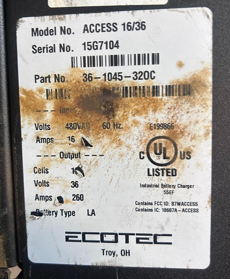 “ECOTEC charger dataplate showing model ACCESS 16/36, serial 15G7104, 36V 260A output, 18‑cell lead‑acid specs, and 480V 3‑phase input.”