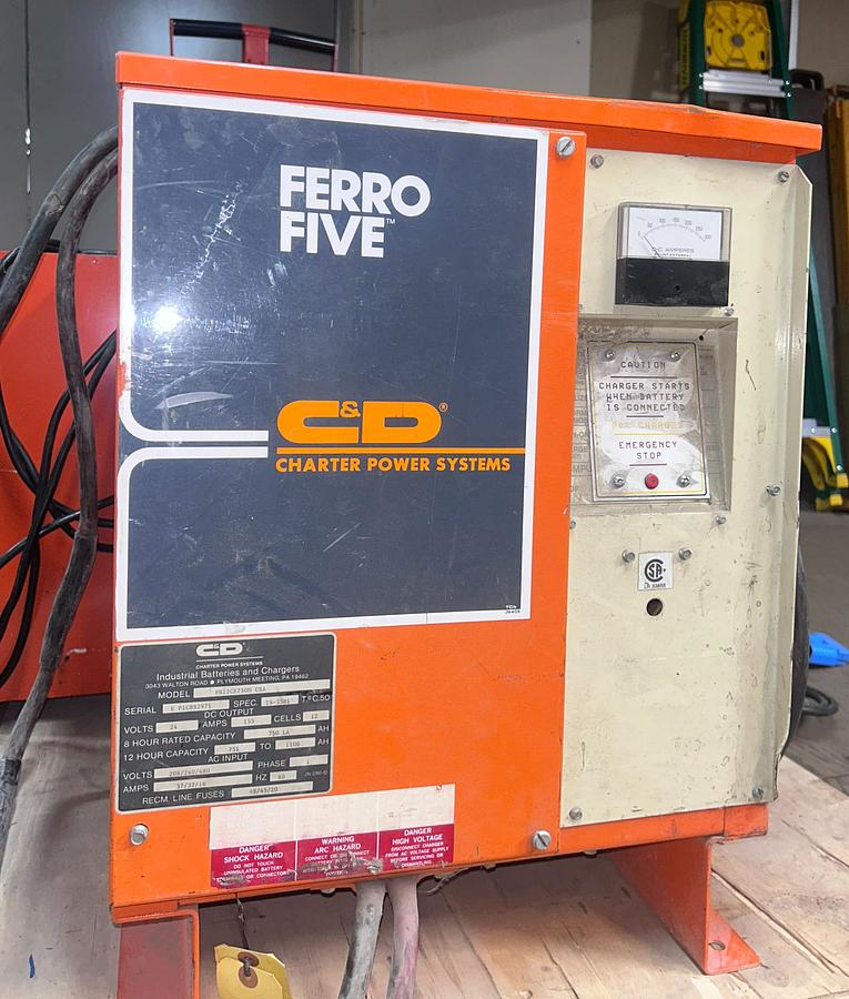 “C&D FR12CET750I forklift battery charger, 24V 155A lead‑acid unit with CSA certification.”