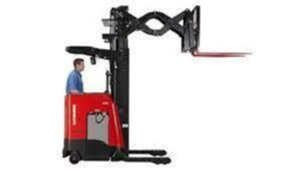 Side view of CSA-certified Raymond EASIDR30TT electric deep reach truck with pantograph arm – staged in Brampton ON