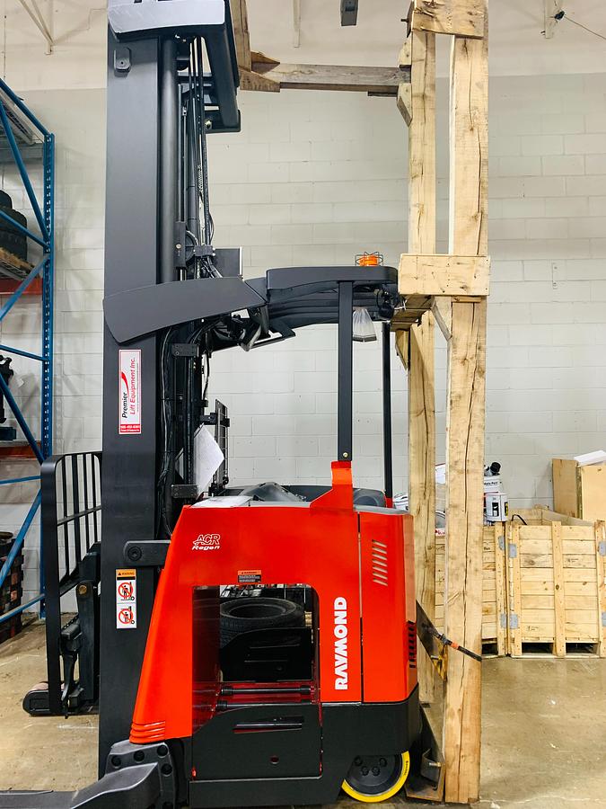 Side view of 2022 Raymond 750‑R45TT CSA freezer‑rated reach truck