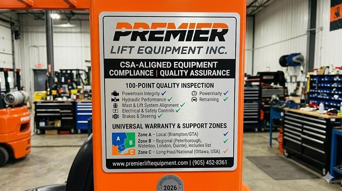 CSA‑aligned forklift compliance, 100‑Point Inspection, Universal Warranty coverage, and certified refurbishment standards for safe, reliable industrial equipment across Ontario and all Canadian provinces and territories.