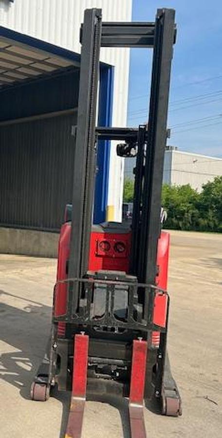 Front view of 2020 Raymond 750-R45TT electric reach truck shown chassis only without battery or charger – CSA-certified 4,500 lb unit featuring 301” triple mast, 42” forks with side shift, UL/EE fire-safe rating, and poly cushion tires staged in Brampton ON; battery and charger available separately as extra options new or used – Premier Lift Equipment