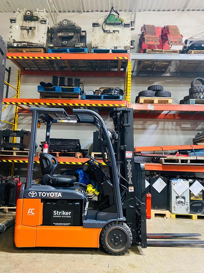Toyota 8FBEH18U forklift – full side profile – CSA certified – 3-wheel electric – Brampton ON