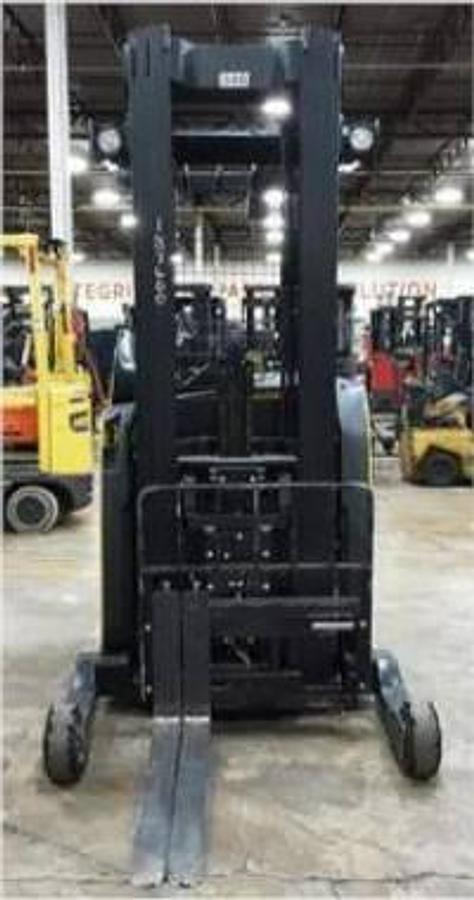 Front view of refurbished 2018 Hyster N45ZR2 electric reach truck showing 224" mast, 42" forks with load backrest, cushion tires, and CSA certification decal during Ontario deployment.