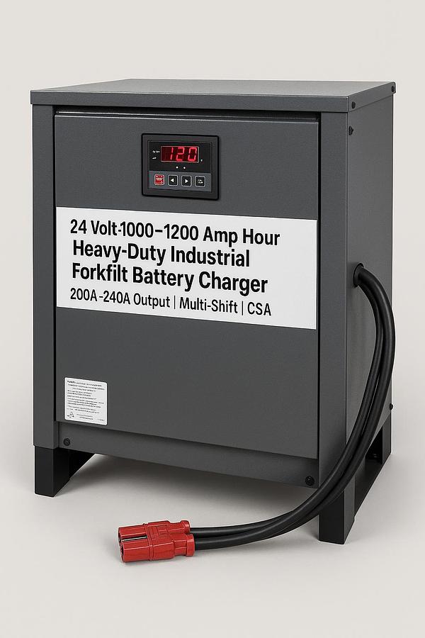 “24V heavy‑duty forklift battery charger, 200A–240A output, CSA certified, multi‑shift rated.”