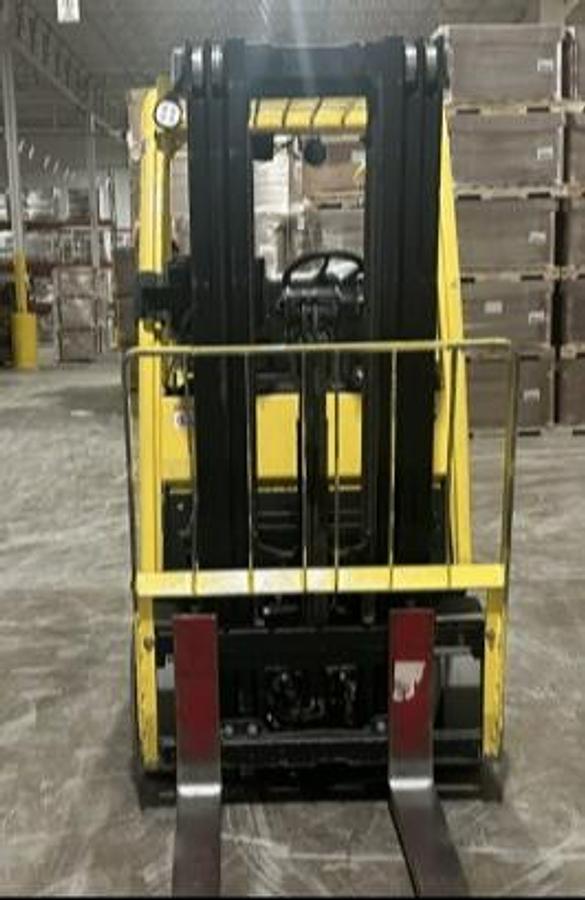 Front view of 2017 Hyster S50FT propane cushion tire forklift – CSA-certified 5,000 lb chassis with 189” triple mast, integral fork positioner, and full-height load backrest shown refurbished and sold chassis-only – safety-tagged in Brampton ON – Premier Lift Equipment