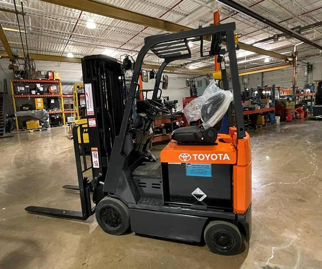 Toyota 7FBCU18 CSA electric forklift Brampton 3500 lb 189” triple mast clamp-ready UL/EE fire-safe