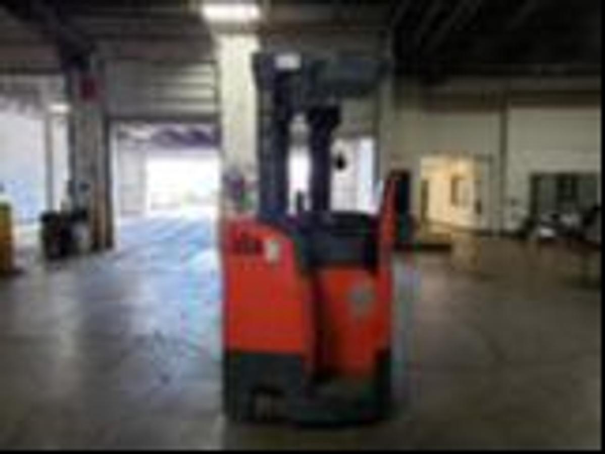 Back view of refurbished 2017 Toyota 8FBNCU20 electric counterbalance forklift showing counterweight, rear tires, and CSA certification decal during Ontario deployment