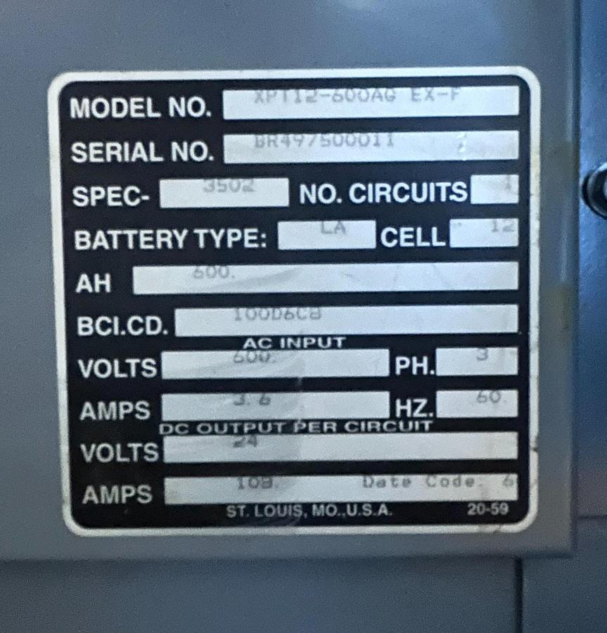 “XTPL charger dataplate showing model XTPL12‑600W3 EXT‑F, serial BXR177530001, 12V 50A per circuit, 208V 3‑phase input.”