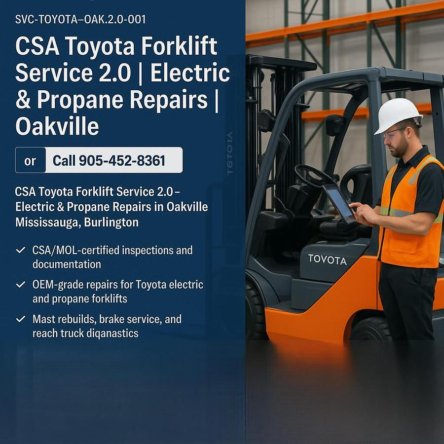 CSA‑certified technician performing brake and mast diagnostics on a Toyota electric forklift in an Oakville warehouse
