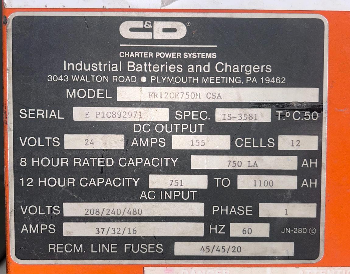 “C&D charger dataplate showing model FR12C2ET750I, 24V 155A output, 750 Ahr compatibility, and 208/240/480V single‑phase input.”