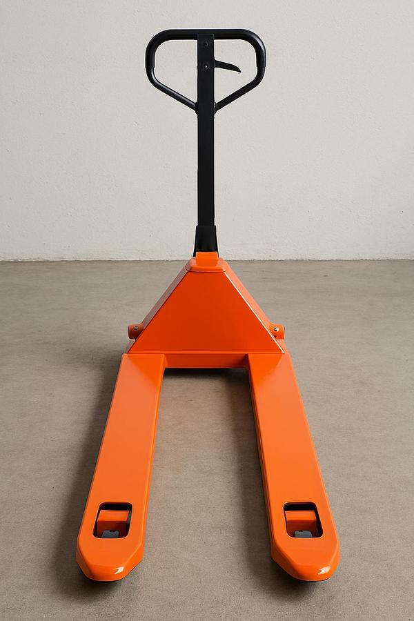 Manual pallet truck moving a pallet inside a warehouse aisle