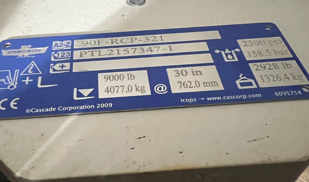 alt="Cascade 90F‑RCP‑321 data plate showing model, serial number, pressure rating, and 9,000 lb capacity"