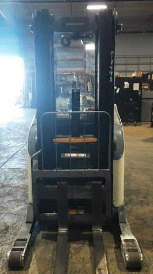 2016 Crown RR5725‑45 reach truck – front view showing mast, forks, and operator guard