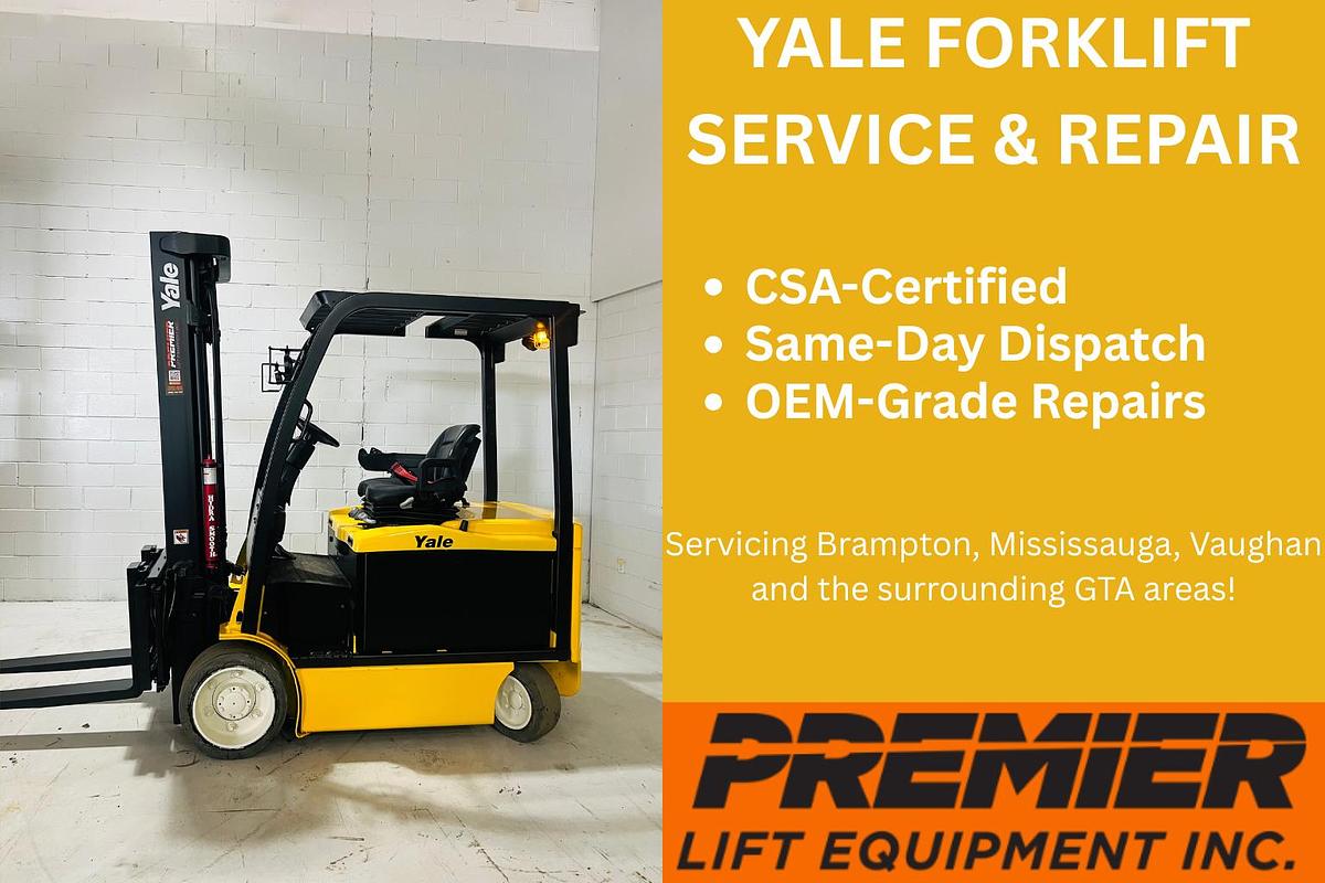 Hyster forklift technician performing CSA-certified mast and brake repairs on high-capacity IC unit in Brampton warehouse