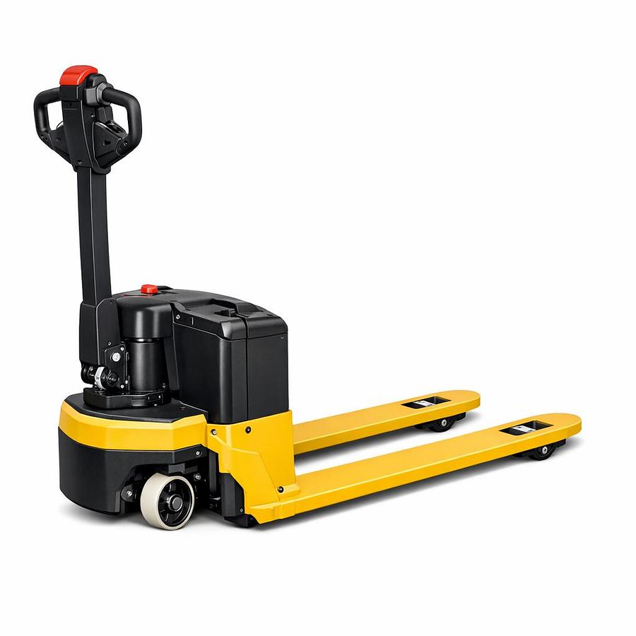 Yellow and black electric walkie pallet jack with ergonomic control handle, battery housing, and tapered forks on a white background.