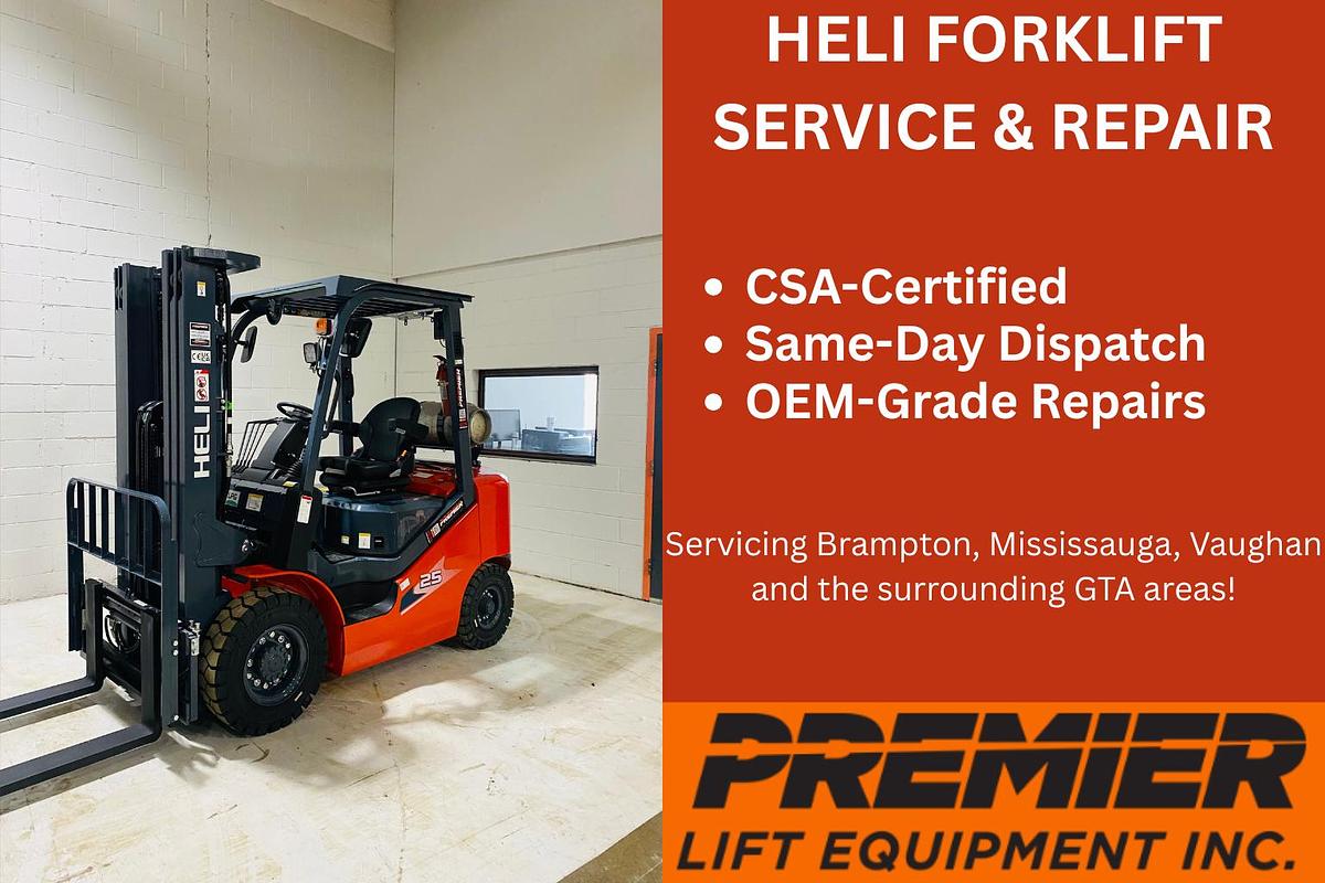 CSA-certified technician servicing HELI reach truck and IC forklift in Vaughan warehouse