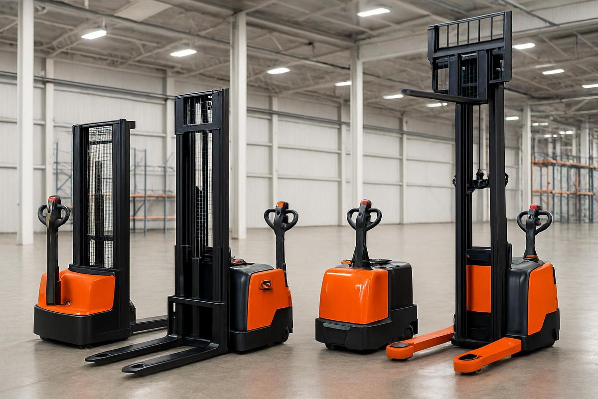 Electric stackers including fork‑over, straddle, counterbalanced and walkie‑reach models in a warehouse environment.