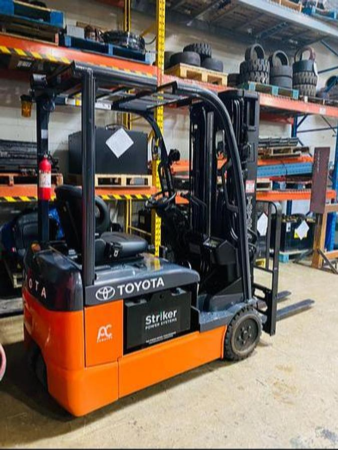 2017 Toyota 8FBEH18U CSA electric forklift Brampton 3500 lb 189” triple mast clamp-ready 3-wheel UL/EE rated export-certifiedt