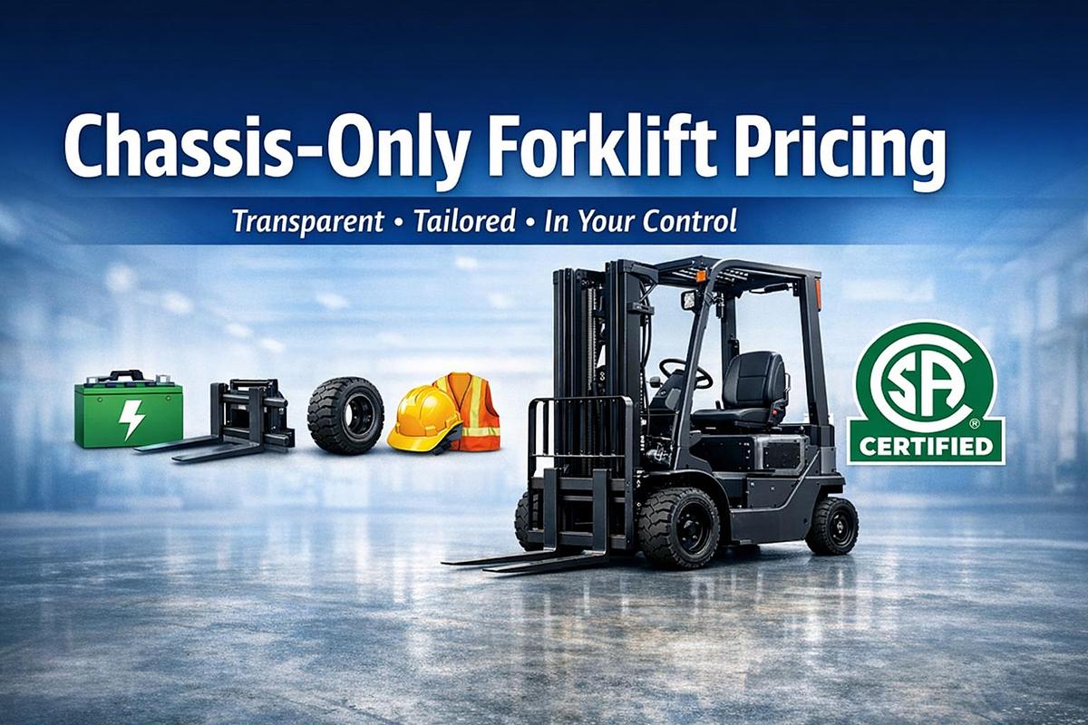 Chassis‑Only Forklift Pricing hero image showing a bare forklift chassis with customizable components (battery, attachments, tires, safety gear) and CSA‑Certified badge, representing transparent, customer‑controlled build options.