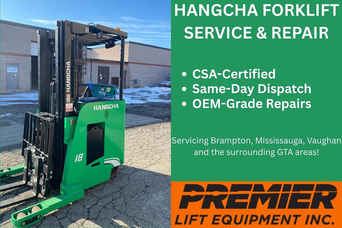 Hangcha forklift technician performing CSA-certified reach truck diagnostics in Mississauga warehouse