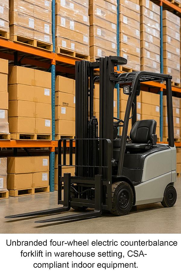 Unbranded 4‑wheel electric counterbalance forklift in indoor warehouse, CSA‑certified equipment for 3,000–12,000 lb capacity