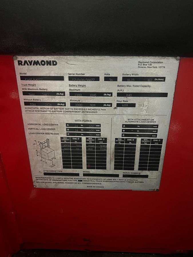 Close‑up of forklift data plate — model, serial number, and capacity information.