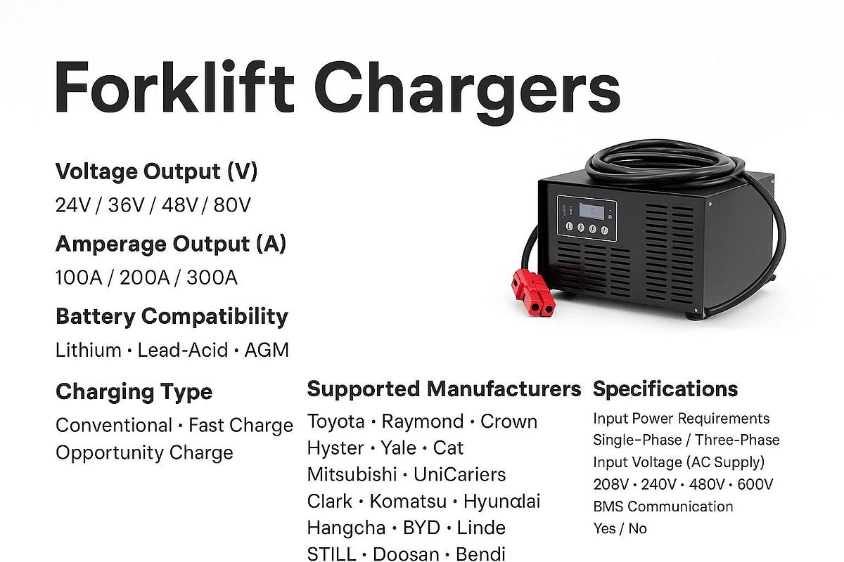 Forklift battery charger with CSA-ready features, 24V–80V output, lithium and lead-acid compatible.