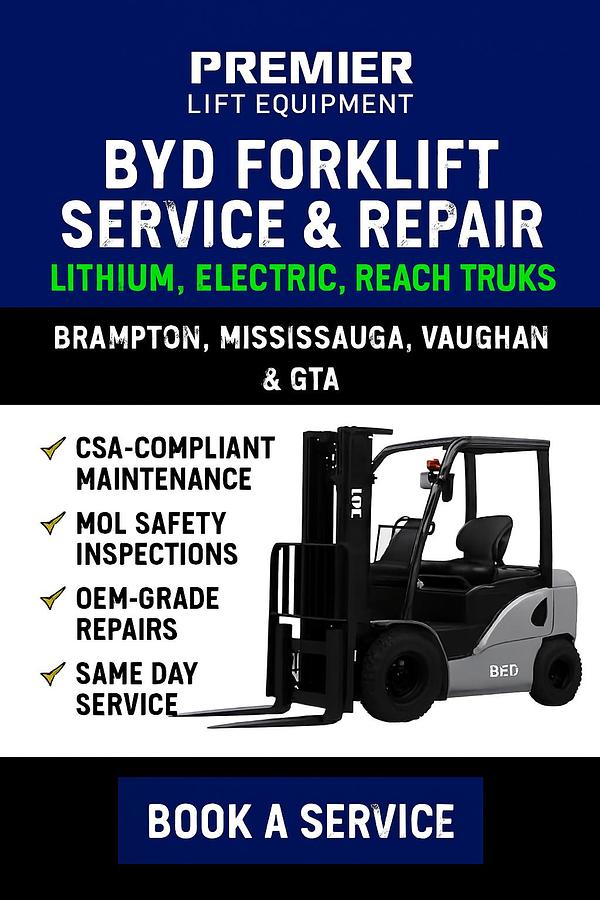 CSA forklift service for BYD lithium and electric units with ZAPI diagnostics, charger pairing, and safety inspections across GTA
