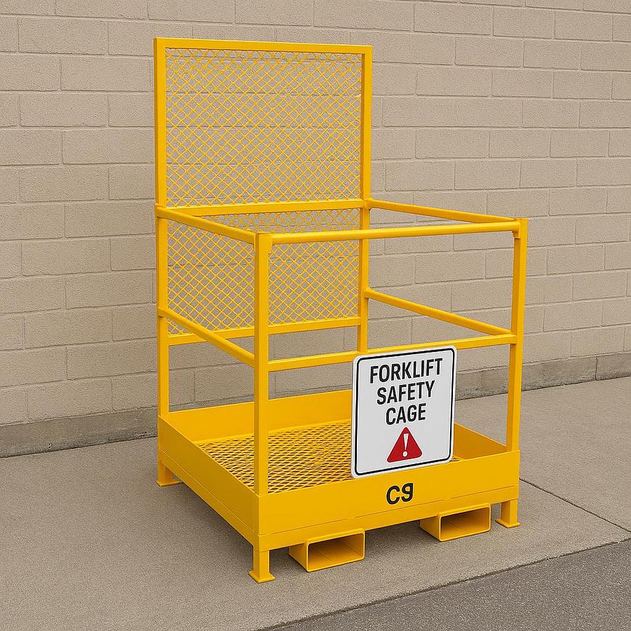 CSA‑compliant forklift safety cage work platform, 48×48 inch steel construction with fall‑protection railings for elevated task access