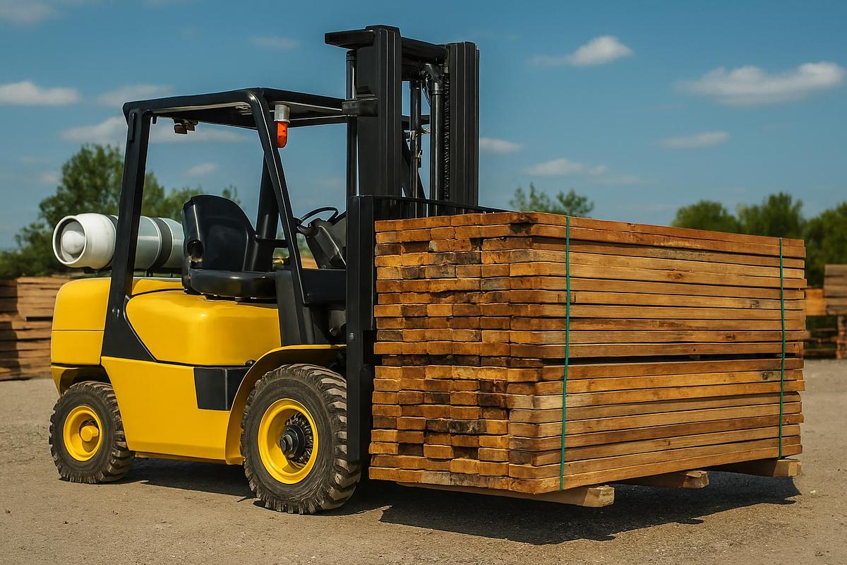 Pneumatic tire 4‑wheel sit down forklift lifting heavy loads outdoors on gravel or asphalt, ideal for lumber yards, steel distribution, and construction sites.