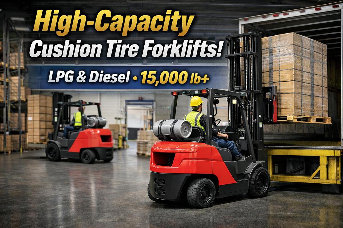 alt="High‑capacity cushion tire forklifts for sale — CSA‑certified LPG and diesel indoor heavy‑duty forklifts 15,000 lb and up"