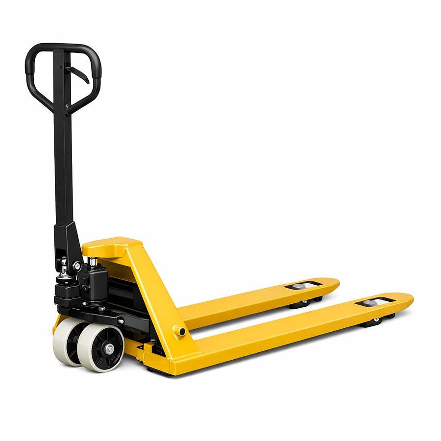  Yellow manual hydraulic pallet jack with black handle and white nylon wheels on a white background.
