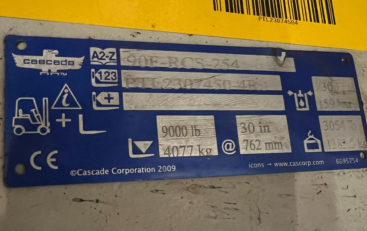 alt="Cascade 90F‑RCS‑254 data plate showing model, serial number, pressure rating, and 9,000 lb capacity"