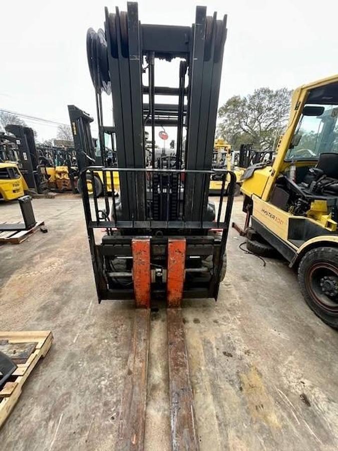 Front angled view showing mast rails and 48” fork tips