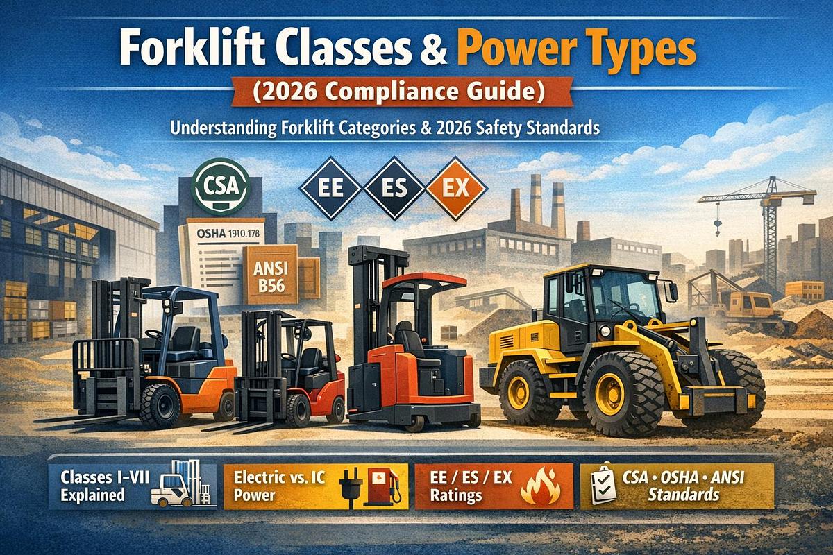 Forklift Classes and Power Types 2026 Compliance Guide — electric, LPG, and diesel forklifts representing Classes I–VII with CSA B335, OSHA 1910.178, and ANSI B56 safety standards