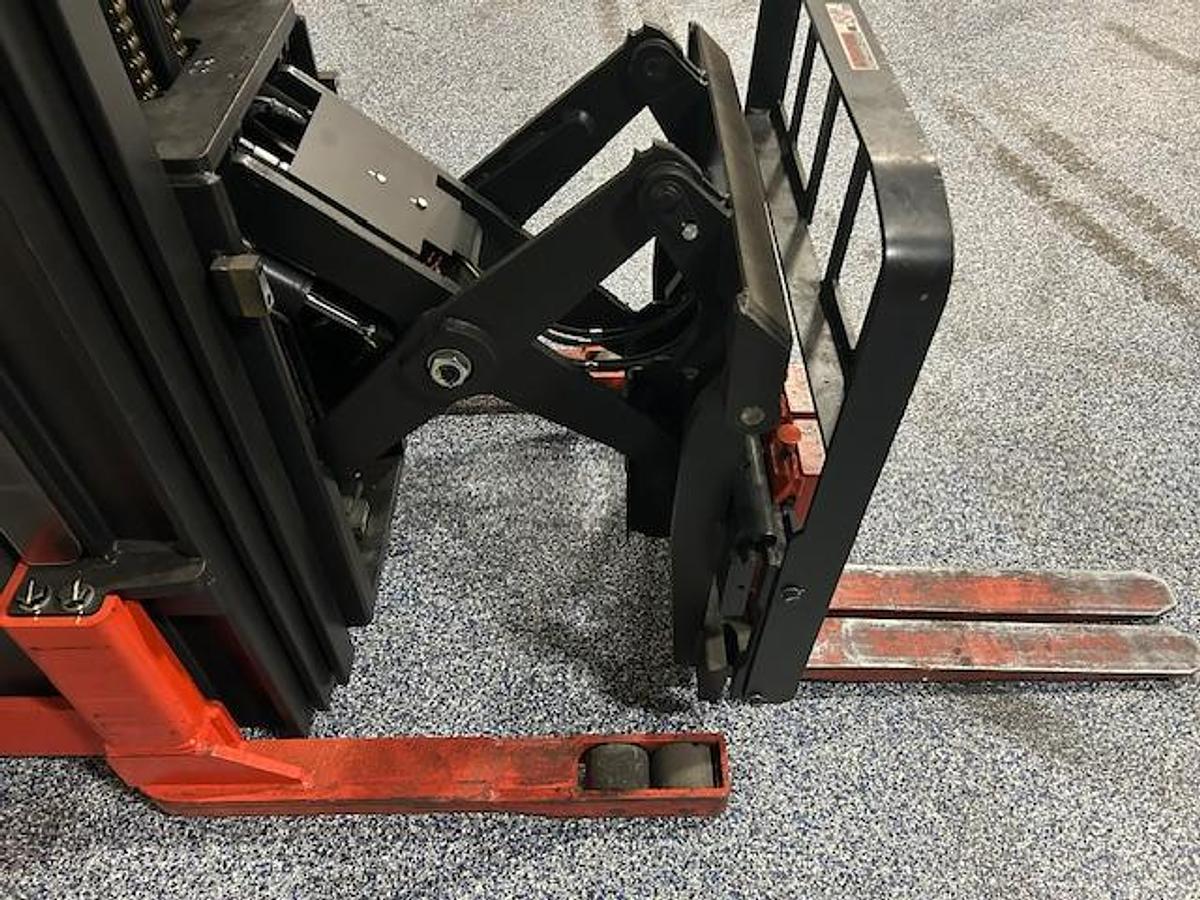 “Toyota 6BRW15 walkie reach truck side view with reach extended – reach mechanism, forks out, 83/180-inch mast, 3,000 lb electric warehouse forklift – Brampton ON”