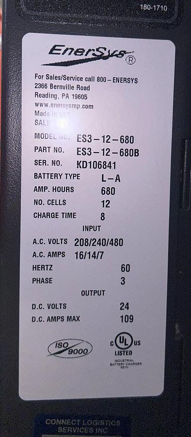 “EnerSys charger dataplate showing model ES3‑12‑680, serial KD106841, 24V 109A output, 12‑cell lead‑acid specs, and 208/240/480V 3‑phase input.”