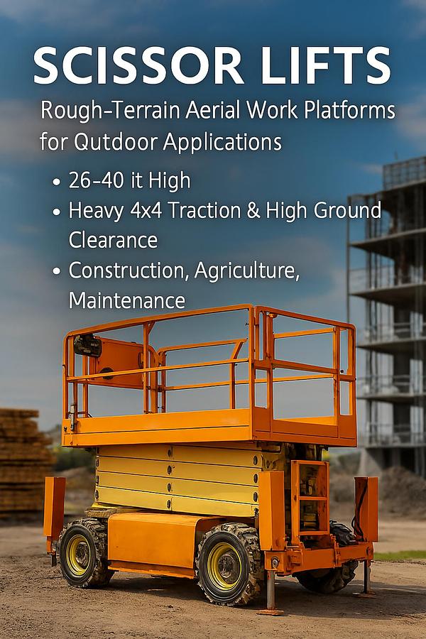 Rough‑terrain scissor lift with 4x4 traction, deep‑tread tires, outriggers, and 26–40 ft platform for outdoor construction and industrial job sites.