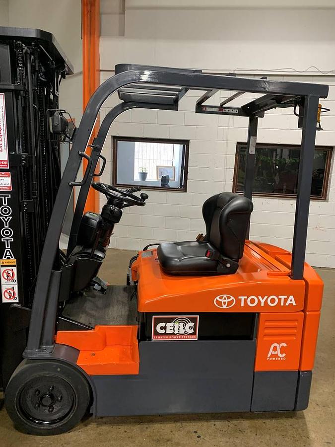 2013 Toyota 7FBEU18 electric 3-wheel forklift with CSA certification deployed in Brampton for indoor warehouse operations and narrow aisle maneuvering