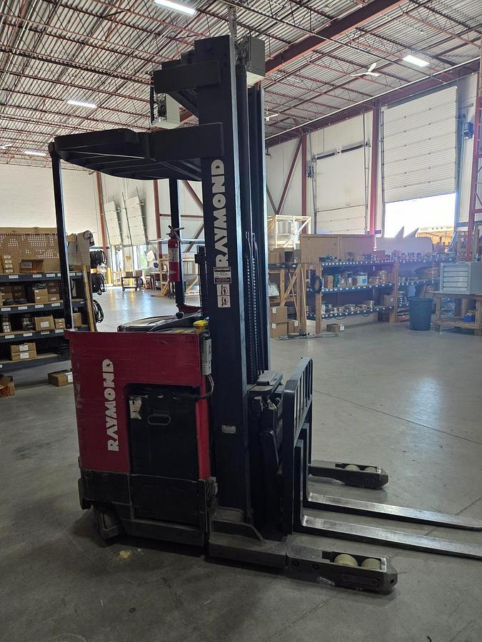 2010 Raymond EZ‑R30TT Single Reach – side view – 250 inch lift height – 36V electric – CSA‑ready narrow‑aisle reach truck