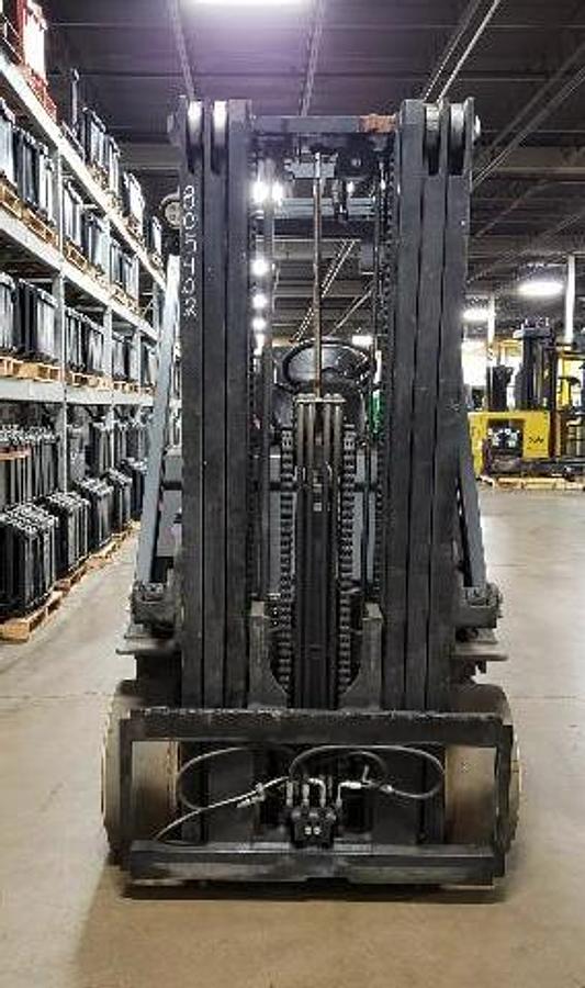 Front view of 2018 Toyota 7FBCU35 electric forklift – CSA-certified 8,000 lb 4-wheel chassis with 187” triple mast, clamp-ready 4-way hydraulics, and cushion tires shown reconditioned as chassis-only with used or new 48V battery upgrade available in Brampton ON – Premier Lift Equipment
