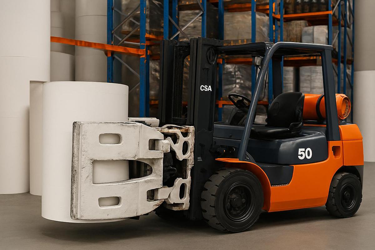 CSA‑certified forklift with paper roll clamp handling large paper rolls in a printing warehouse with narrow aisles and palletized materials.