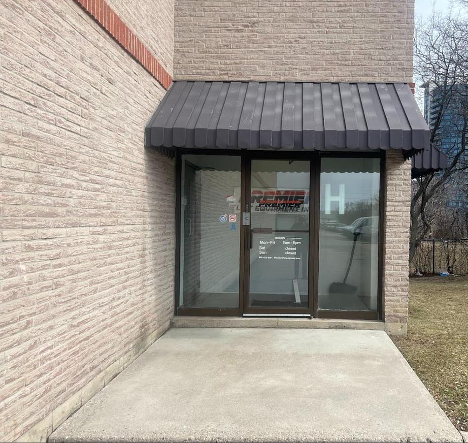 Premier Lift Equipment front entrance with company signage, Brampton ON service facility