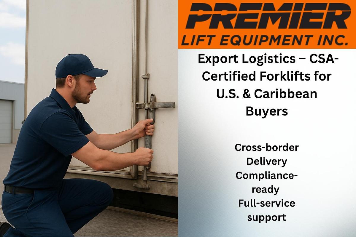 CSA-certified forklift loaded for export to Caribbean port with safety decals and documentation