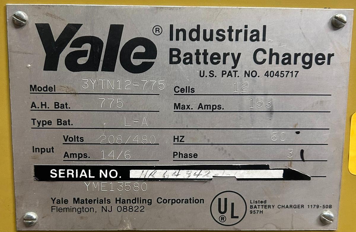 “Yale charger dataplate showing model 3YTN12‑775, 24V 153A output, 12‑cell lead‑acid specs, and 208/480V 3‑phase input.”