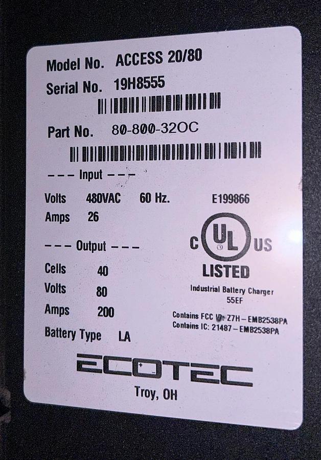 “ECOTEC charger dataplate showing model ACCESS 20/80, 80V 200A output, 1000–1200 Ahr compatibility, and 480V 3‑phase input.”